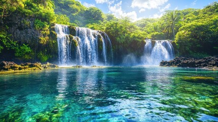 Sticker - Lush tropical waterfall cascading into a crystal-clear pool, surrounded by dense green foliage under a bright, sunny sky.