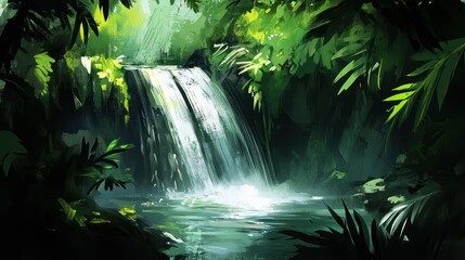 Canvas Print - Lush tropical waterfall cascading into a tranquil pool, surrounded by dense jungle foliage.