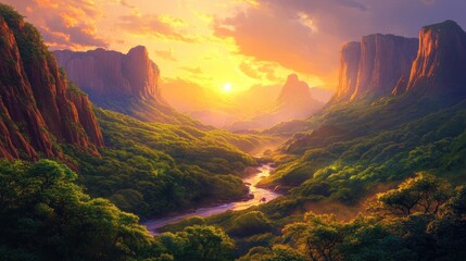 Sticker - Lush valley at vibrant sunset with majestic mountains.