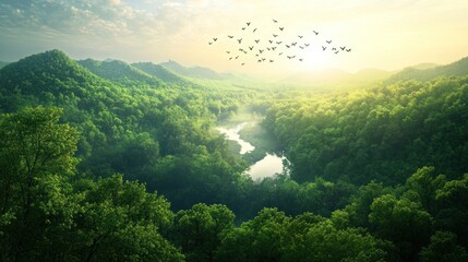 Sticker - Lush valley with river and birds flying above a vibrant green forest at sunrise.