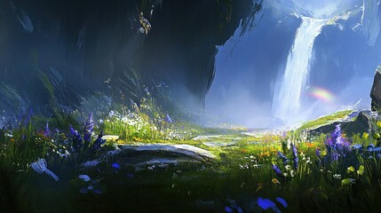 Wall Mural - Lush valley with waterfall and rainbow.