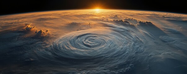 Wall Mural - earth seen from space, with swirling clouds and the sun rising on the horizon, illuminating the atmo