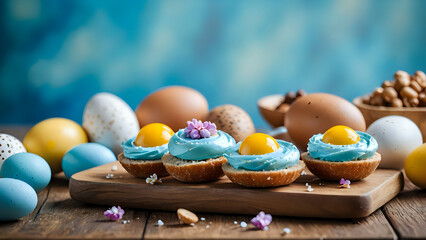 Easter food. blue color fresh cream on toast decorated by easter egg chocolates. 