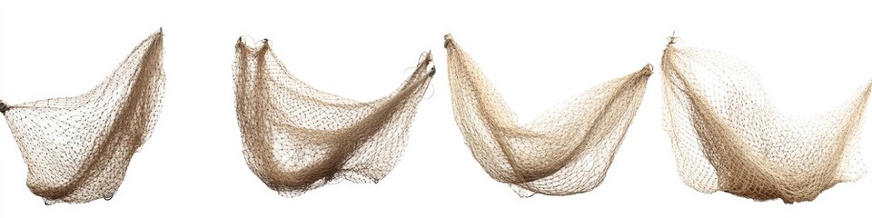 Four Beige Fishing Nets Isolated on White Background.