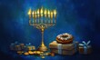© Svitlana - Festive Hanukkah scene featuring a golden menorah, dreidels, coins, a gift box with a white ribbon, and a traditional donut on a blue background