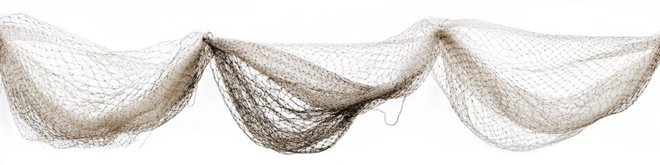 three beige fishing nets draped on white background.
