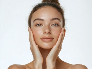 Wall Mural - A young woman touching her face and showing clean skin isolated on a white background.