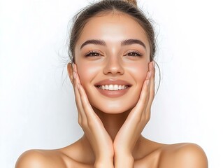 Wall Mural - A young woman is touching her face and smiling on a white background.