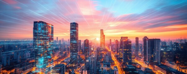 Wall Mural - futuristic city skyline, digital lights, sunset colors, vibrant neon hues, technological landscape, 