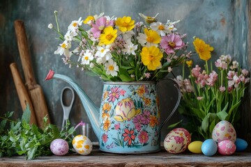 Wall Mural - Easter eggs and spring flowers decorating a rustic wooden table