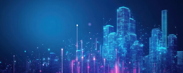 Wall Mural - futuristic cityscape with glowing blue skyscrapers, digital innovation, sci-fi concept.