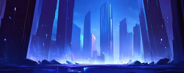 Wall Mural - futuristic cityscape with glowing blue skyscrapers, digital innovation, sci-fi concept.