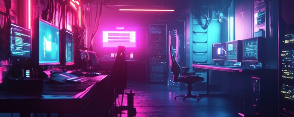 Wall Mural - futuristic neon-lit server room, glowing cyberpunk vibes, digital data storage concept.