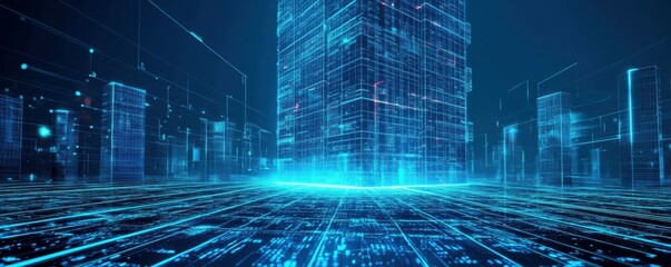 Wall Mural - futuristic tech scene: holographic glowing skyscraper in a futuristic city, blue neon lights, sci-fi