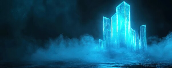 Wall Mural - futuristic tech scene: holographic glowing skyscraper in a futuristic city, blue neon lights, sci-fi
