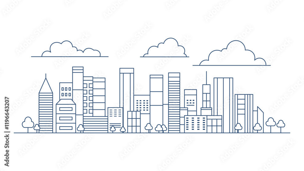 Cityscape Skyscrapers Building Landscape in City Town with Line Outline ...