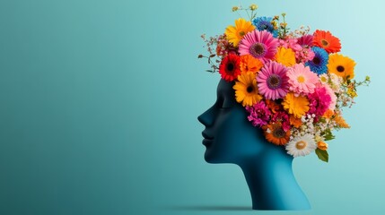 Wall Mural - woman's head is covered in flowers. the flowers are in a variety of colors, including pink, yellow, 