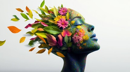 Wall Mural - woman's face is covered in leaves and flowers, giving the impression of a colorful explosion. concep
