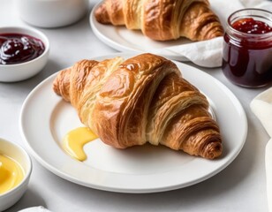 Canvas Print - Golden Croissant with Lemon Curd and Jam for Breakfast