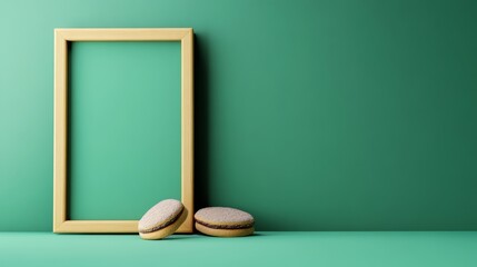 Wooden frame with two cookies on top of it. The frame is empty and the cookies are placed on a green background