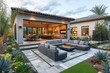 © Lubos Chlubny - Modern backyard patio with fire pit and open-concept kitchen enjoying sunset ambiance