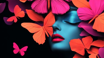 Wall Mural - woman's face is surrounded by butterflies in a colorful array. the butterflies are in various shades