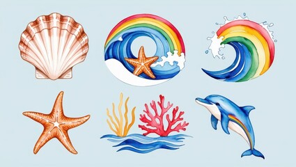 Wall Mural - Vibrant Watercolor Ocean Elements Seashell Starfish Rainbow Waves Coral Dolphin