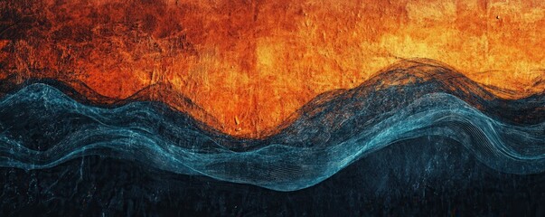 Wall Mural - grainy noisy poster background, dark blue orange red color wave black backdrop abstract header banne