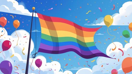 Wall Mural - Rainbow Pride Flag Celebration Balloons Confetti and Festive Sky