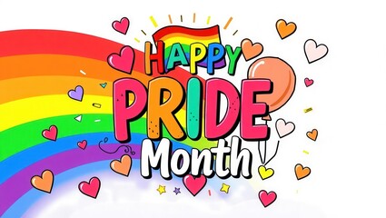 Wall Mural - Happy Pride Month Celebration Rainbow Hearts and Balloons Illustration