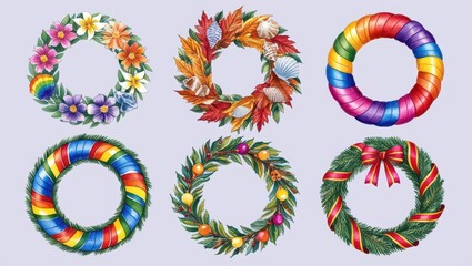 Wall Mural - Six Watercolor Wreaths Floral Autumn Rainbow Holiday Decorations Design Elements