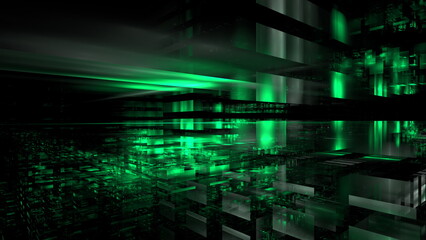 Wall Mural - vibrant digital landscape features illuminated green geometric shapes emerging from a dark backgroun