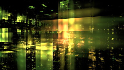 Wall Mural - this artwork presents a captivating blend of green and yellow light emanating from tall structures, 