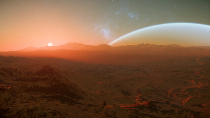 Wall Mural - breathtaking alien landscape is illuminated by the rising sun, casting warm tones over rugged mounta