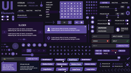 A modern UI kit featuring a collection of buttons, icons, navigation menus, and responsive design elements. Includes login forms, media players, search bars, and calendars, ideal for apps, websites