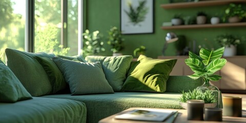 Wall Mural - Modern and minimalistic living room featuring a couch adorned with throw pillows, greenery from plant pots on a shelf, and bright natural light streaming in through windows.