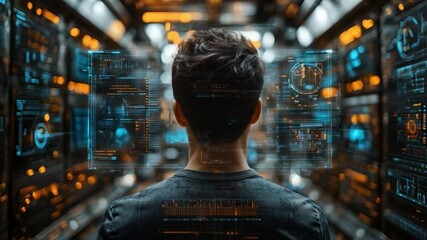 Poster - A cyber defense specialist stands in a futuristic technological environment filled with glowing data displays and holographic interfaces.