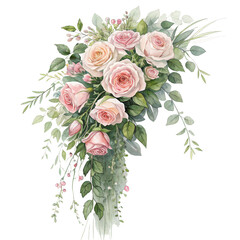 Wall Mural - A beautiful arrangement of pink roses and green leaves, showcasing a blend of delicate blooms and lush foliage.