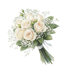 Wall Mural - A delicate bouquet of white roses, accompanied by greenery and tiny white flowers, tied with a ribbon.