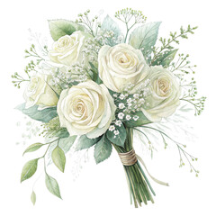 Wall Mural - A delicate bouquet of white roses adorned with greenery and small blossoms, beautifully arranged.