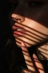 Poster - Closeup Portrait of a Woman, Sunlit Face, Shadowy Lines