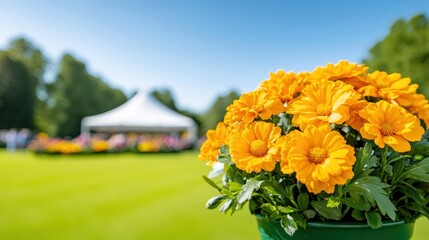 Poster - Bright Yellow Flowers in a Garden with Tent and Green Grass