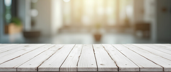 Wall Mural - white wood table top on blurred abstract background