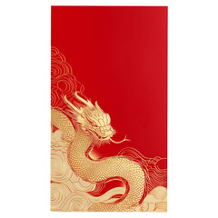 Red envelope with golden dragon and intricate details coiled among clouds on red background, symbolizing power and prosperity of Chinese New Year