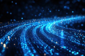 Wall Mural - futuristic digital data stream with glowing blue lights in a dynamic curved pattern on a dark backgr