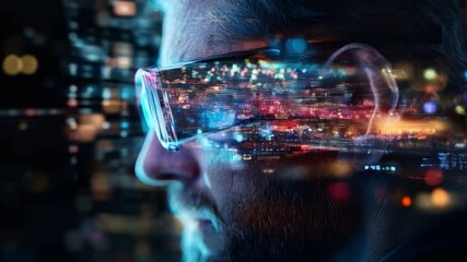Poster - A person wearing smart glasses engages with cutting-edge cyber defense technology as bright urban lights reflect through the lenses. The vibrant city signals a tech-driven future.