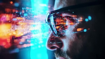 Poster - A close-up of a person wearing smart glasses, showcasing vibrant digital data reflecting in the lenses. This setting highlights advanced technology in cyber defense during a tech event.