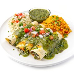 A plate of vegetable enchiladas with salsa verde and Mexican rice, isolated white background, modern art style