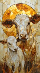 Wall Mural - Stained Glass Cow and Calf: Warm Hues, Mosaic Art