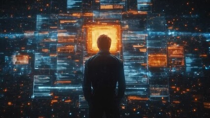 Aufkleber - A figure stands in front of a vast digital landscape filled with glowing data panels. The vibrant colors suggest a focus on advanced cyber defense technologies, emphasizing innovation and security.